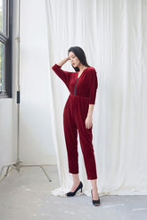 Velvet blouse with V-neckline and lace trim detail for refined seasonal dressing